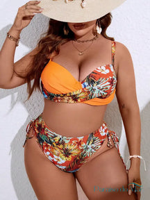 Conjunto de Biquini com Estampa Tropical e Push Up para Praia Laranja / P