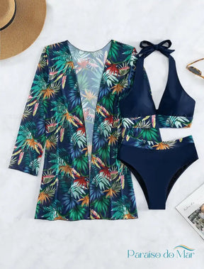 Conjunto de Biquini Trio com Estampas Tropicais Multicolorido / GG Conjunto de Biquíni feminino