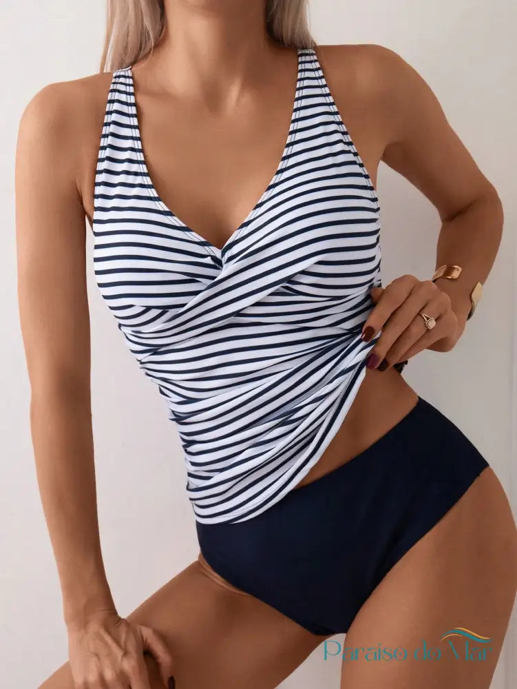 Conjunto de Tankini Listrado Feminino com Decote em V Azul / P Conjunto de Biquíni feminino