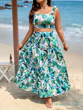 Conjunto Plus Size Tropical Casual com Babados