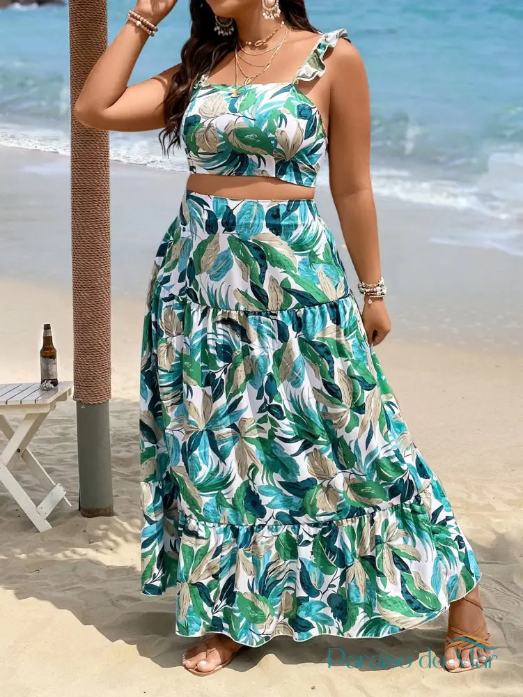 Conjunto Plus Size Tropical Casual com Babados