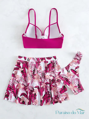 Conjunto Trio Biquini Push Up Estampa Tropical e Saia de Praia Conjunto de Biquíni feminino