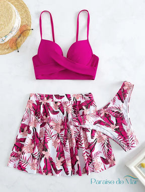 Conjunto Trio Biquini Push Up Estampa Tropical e Saia de Praia Conjunto de Biquíni feminino