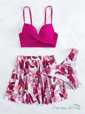 Conjunto Trio Biquini Push Up Estampa Tropical e Saia de Praia Pink / P Conjunto de Biquíni feminino