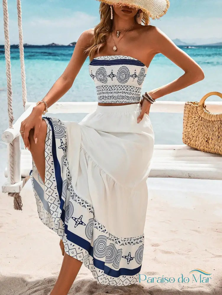 Conjunto Tropical Chic Azul e Branco / P