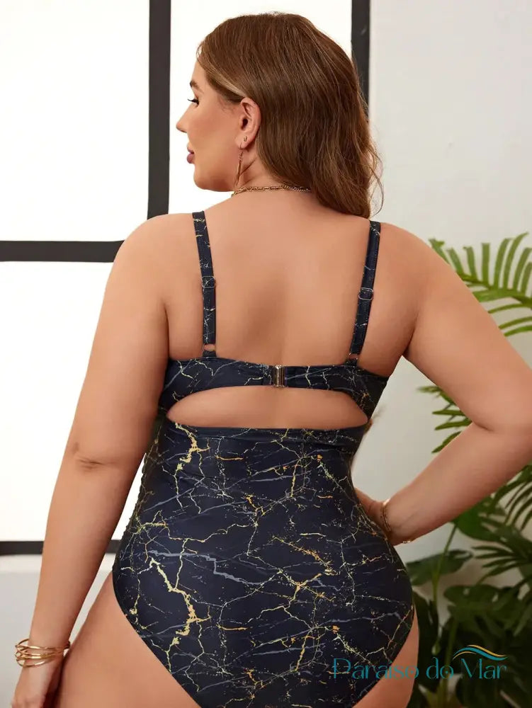 Maiô Feminino Cintura Alta Com Estampa De Marmore Catrinni Plus Size Maiô