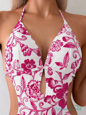 Maiô Halter Com Estampa Floral e Recortes Laterais Decorativos Rosa / P