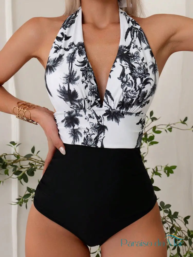 Maiô Halter Estampa Tropical com Cintura Alta Branco e Preto / P