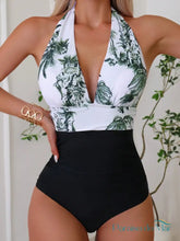 Maiô Halter Estampa Tropical com Cintura Alta Branco e Verde / P