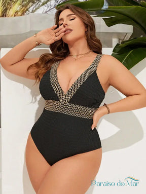 Maiô Plus Size com Decote V e Detalhe de Fita Trançada