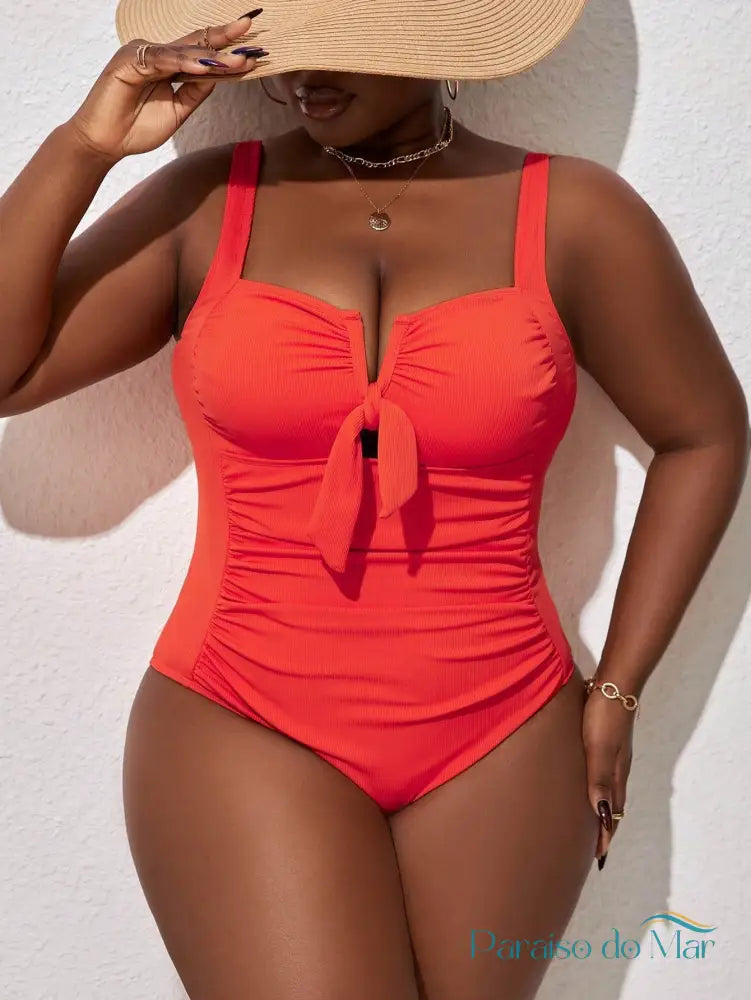 Maiô Plus Size com Decote V e Detalhes Elegantes Laranja / G