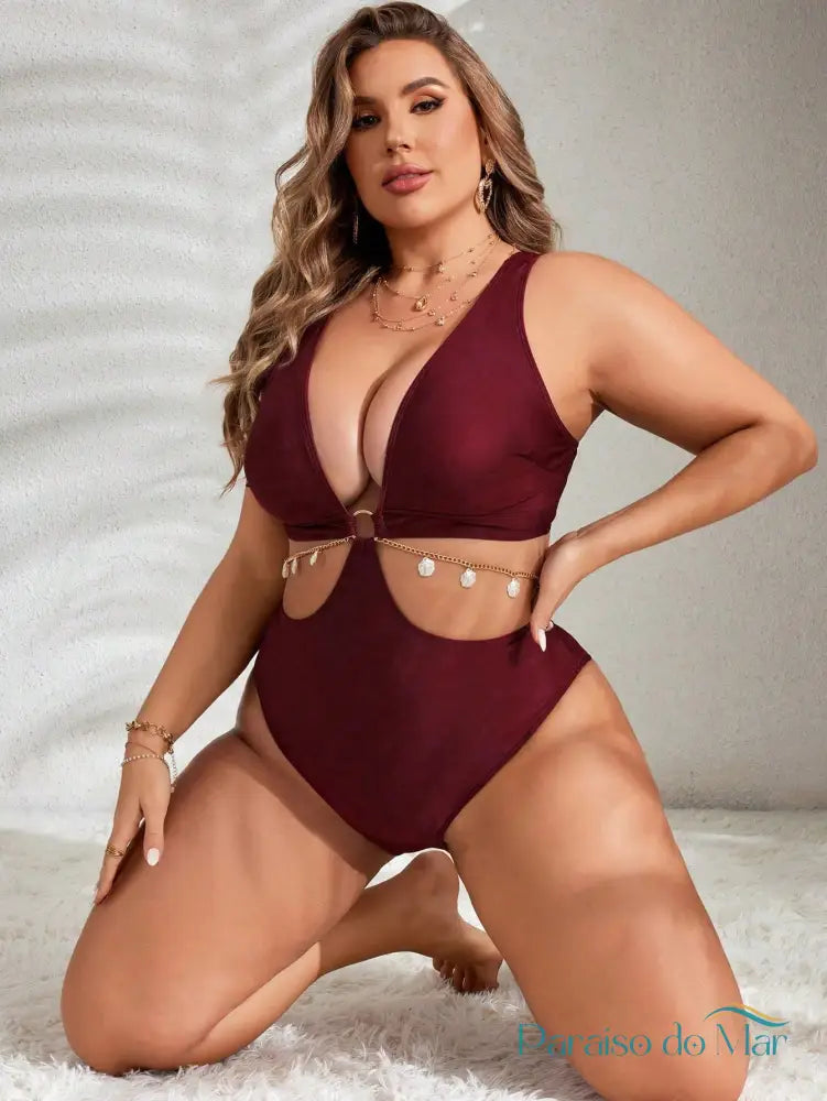 Maiô Plus Size com Detalhe Vazado e Anel Vinho / G