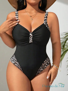 Maiô Plus Size com Detalhes de Estampa Animal Print Preto / P