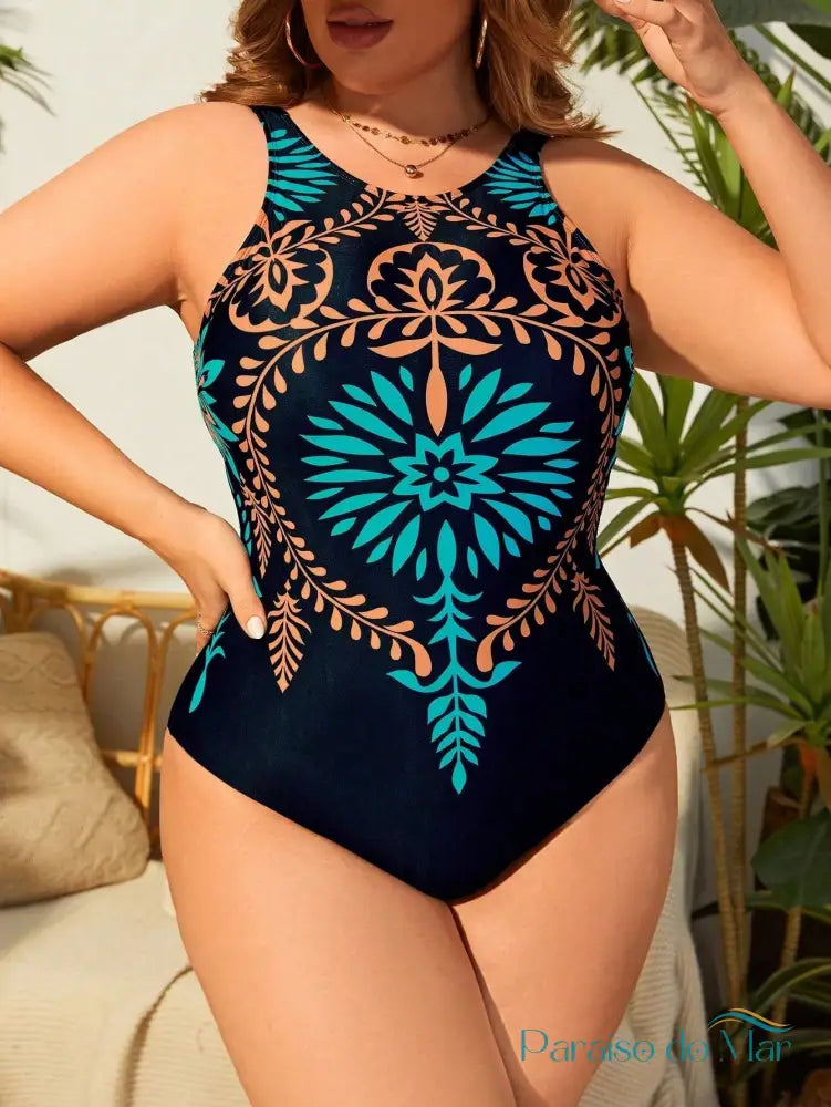 Maiô Plus Size com Estampa Étnica e Decote Redondo Azul / P