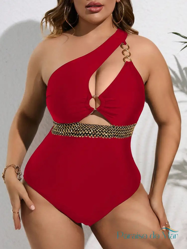 Maiô Plus Size com Recorte Assimétrico Vermelho / G