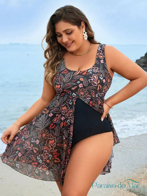 Maiô Plus Size com Saia Sobreposta Estampada Preto Colorido / P