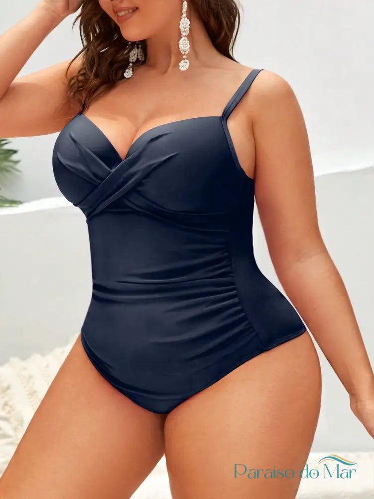 Maiô Plus Size de uma Peça com Detalhe Transpassado Push Up Azul Marinho / P