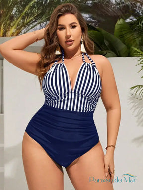 Maiô Plus Size Listrado Halter com Franzidos e Decote V