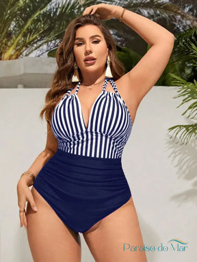 Maiô Plus Size Listrado Halter com Franzidos e Decote V