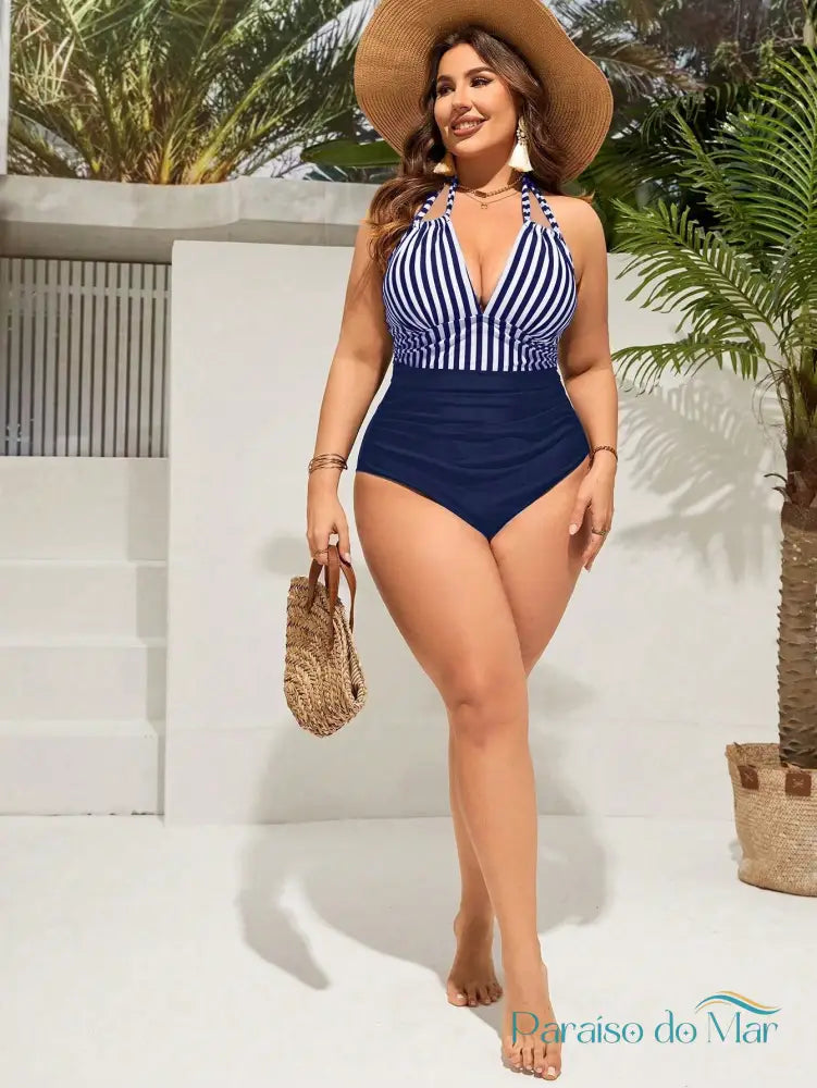 Maiô Plus Size Listrado Halter com Franzidos e Decote V