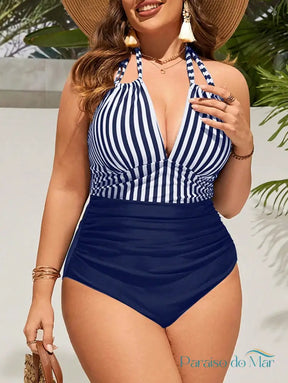 Maiô Plus Size Listrado Halter com Franzidos e Decote V Azul / P