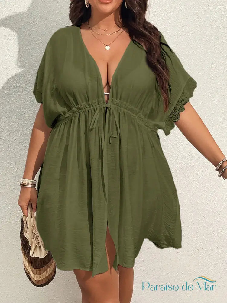 Quimono Feminino Meia Manga Com Gola V Profunda Bella Plus Size Verde Militar / GG Quimono