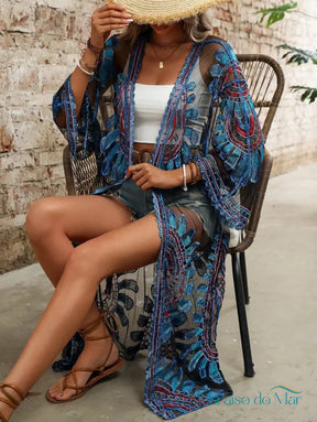 Saída de Praia Boho Longo Bordado Oásis Azul / Ùnico Kimono feminino