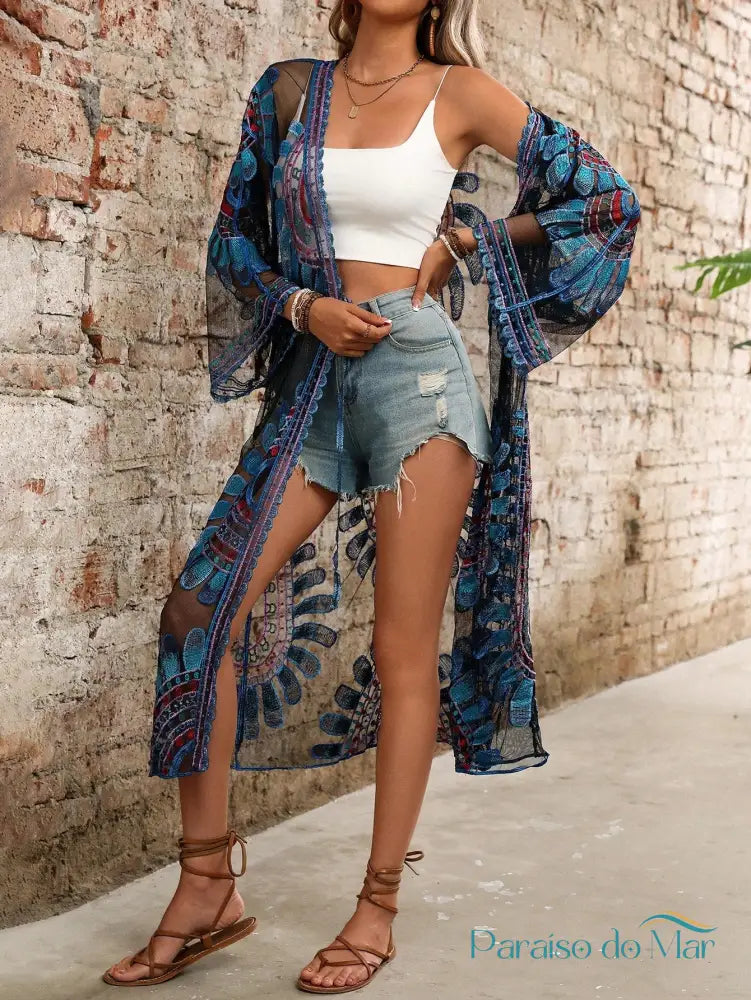 Saída de Praia Boho Longo Bordado Oásis Kimono feminino