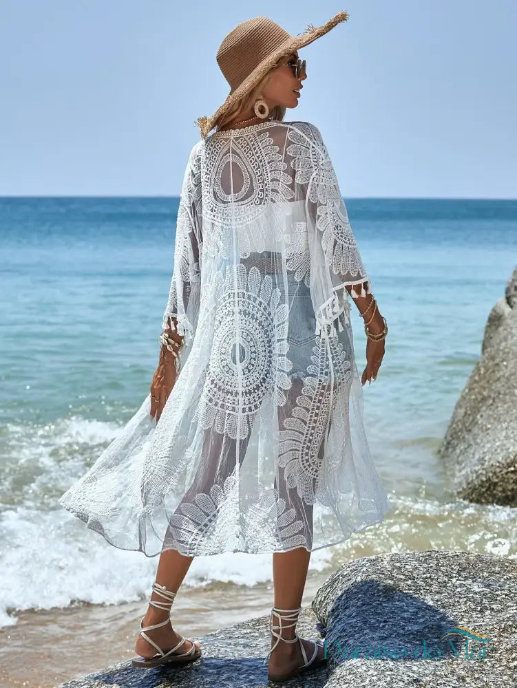 Saída de Praia Boho Longo Bordado Oásis Kimono feminino