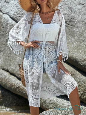 Saída de Praia Boho Longo Bordado Oásis Kimono feminino