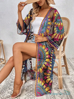 Saída de Praia Boho Longo Bordado Oásis Multicolorido / Ùnico Kimono feminino