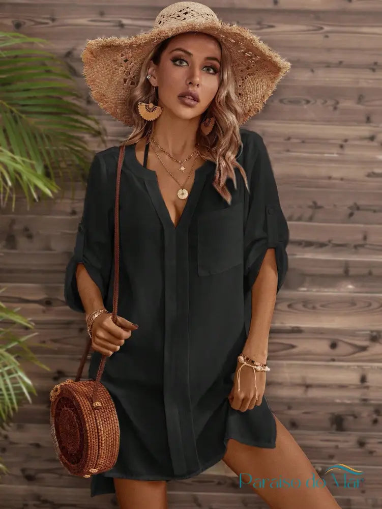 Saída de Praia Camisa Chemise com Bolso Preto / P Saída de praia feminina