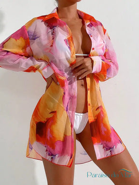 Saída De Praia Camisa Estampada Tie Dye Com Botões