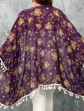 Saída de Praia Kimono com Estampa Floral e Barra de Franjas