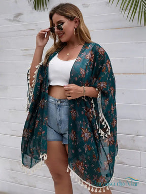 Saída de Praia Kimono com Estampa Floral e Barra de Franjas