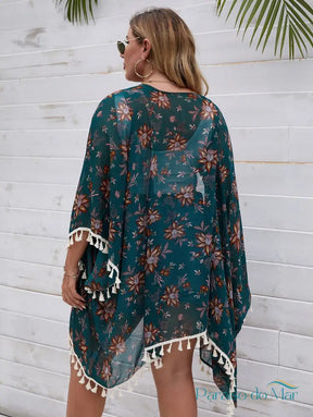 Saída de Praia Kimono com Estampa Floral e Barra de Franjas