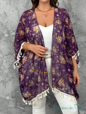 Saída de Praia Kimono com Estampa Floral e Barra de Franjas