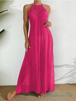 Saída de Praia Longa com Fenda Lateral e Detalhe de Crochê Rosa / P