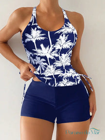 Tankini estampado com Palmas e com amarração lateral Azul e Branco / P (36-38) Tankini feminino