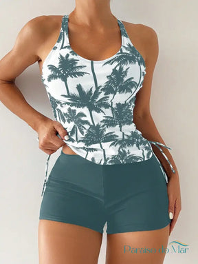 Tankini estampado com Palmas e com amarração lateral Azul Empoeirado / P (36-38) Tankini feminino