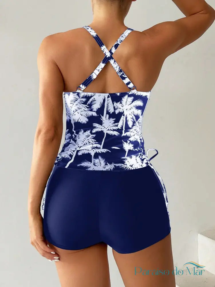 Tankini estampado com Palmas e com amarração lateral Tankini feminino