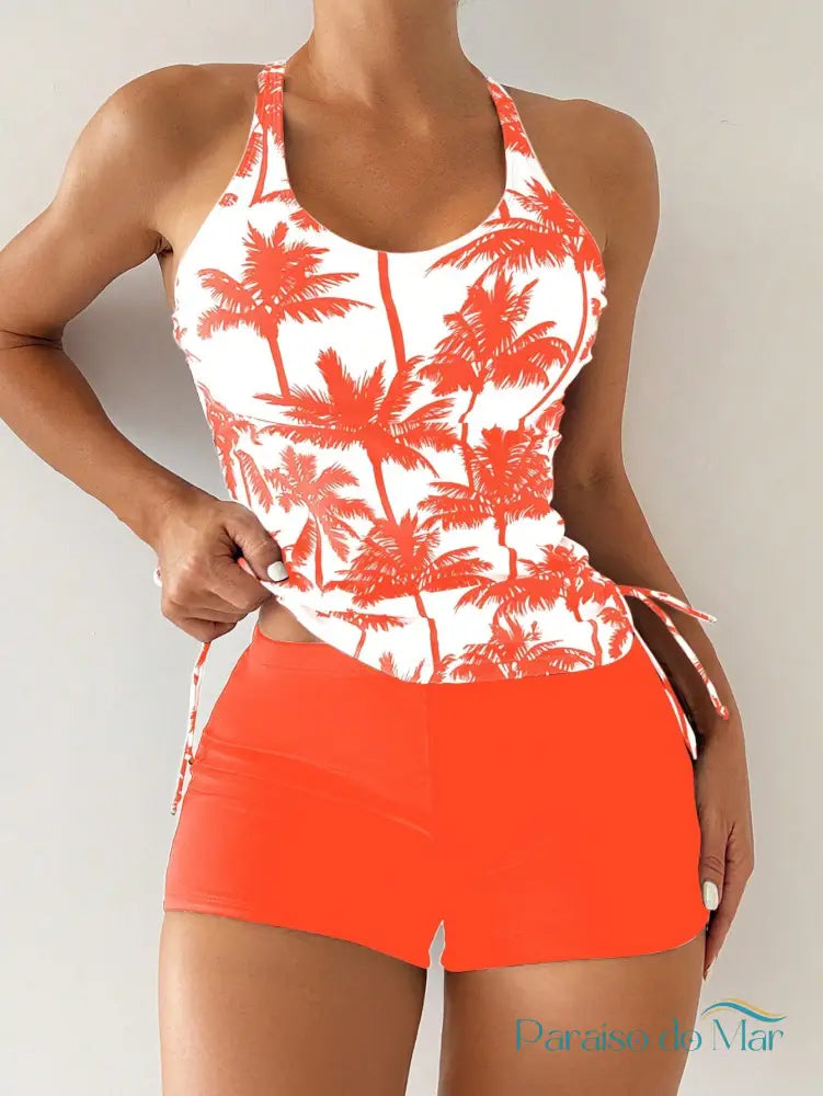 Tankini estampado com Palmas e com amarração lateral Laranja / P (36-38) Tankini feminino