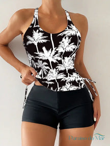 Tankini estampado com Palmas e com amarração lateral Preto e Branco / P (36-38) Tankini feminino