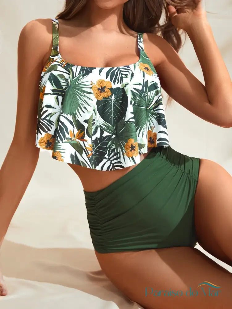 Tankini Estampado Com Top Solto E Calcinha Cintura