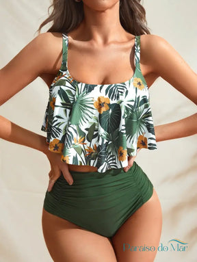 Tankini Estampado Com Top Solto E Calcinha Cintura Verde / P