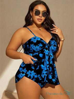 Tankini Floral com Bainha Franzida para Praia e Verão Preto e Azul / P