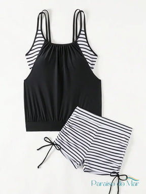 Tankini Listrado Com Top Solto E Short Com Amarração