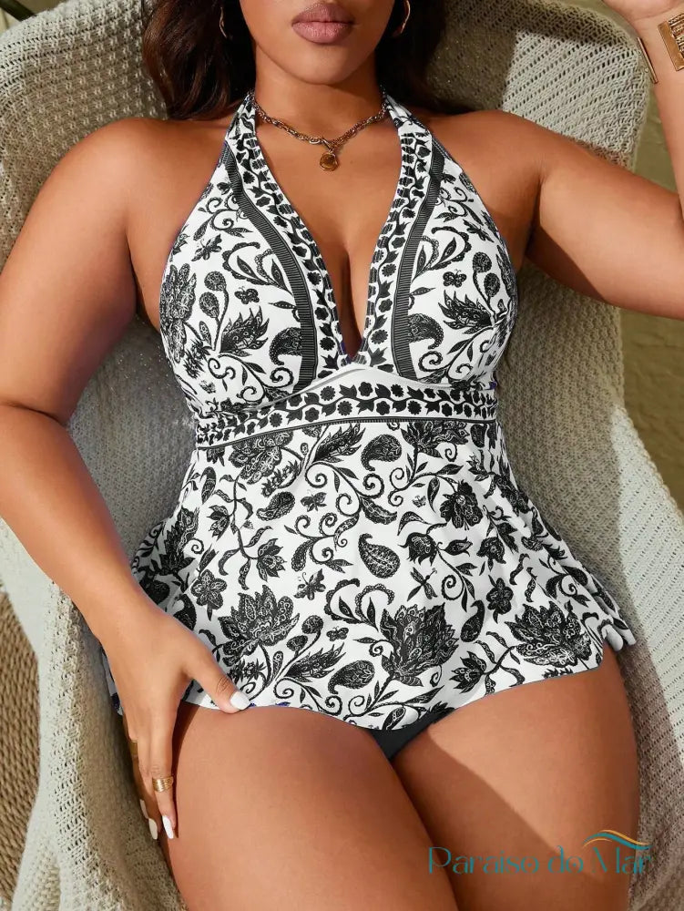 Tankini Plus Size com Estampa Paisley e Costas Nuas