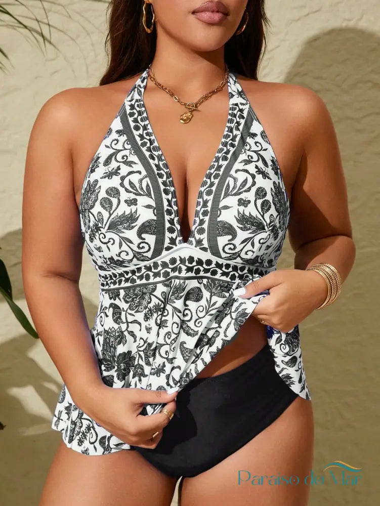 Tankini Plus Size com Estampa Paisley e Costas Nuas Preto/Branco / G